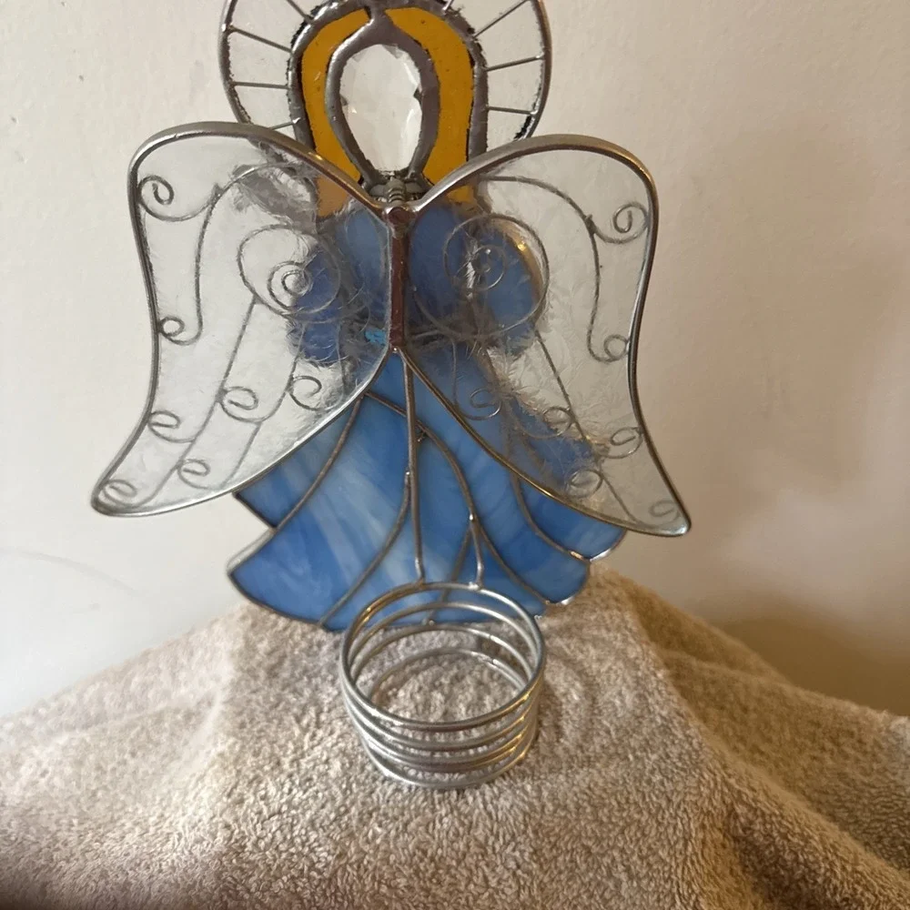 Vintage Blue Angel Stained Glass Votive Candle Holder Christmas 10